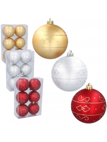 Шары елочные с рисунком 8см 6шт/уп золото, серебро, красный